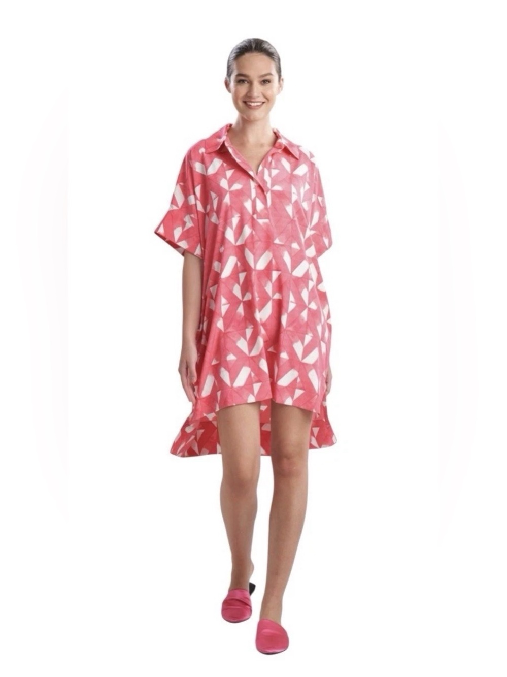Natori Sumi Pink Geometric Caftan Dress XL Loungewear Short Sleeve Kaftan NWT